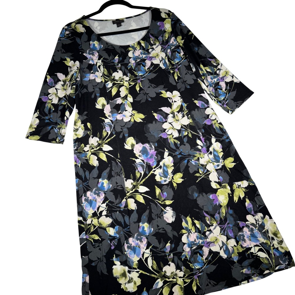 J Jill Wearever Floral Knit Dress Medium Tall MT 3/4 Sleeve Mended | Black Blue